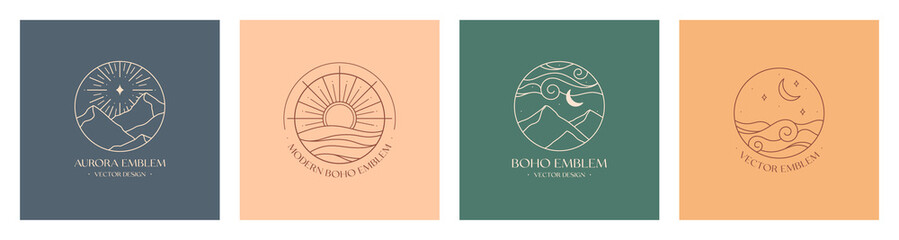 Wall Mural - set of vector linear boho emblems.bohemian logo designs with sea or lake,sun,mountains,aurora lights