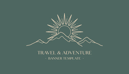 Wall Mural - vector travel logo design with snowcapped mountain landscape and sun.boho linear icon or symbol in t