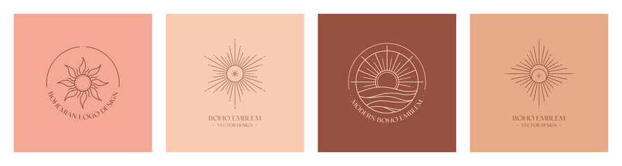 Wall Mural - set of vector bohemian logo design templates with sun and sunburst,sea or lake,moon,star. boho linea