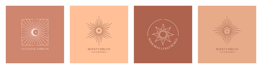 Wall Mural - set of vector bohemian logo design templates with moon,star,sun and sunburst. boho linear icons or s