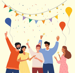 Happy people concept. Happy birthday poster or banner, group of friends gathered for party. Holiday and rest, active lifestyle. Candies, balloons and apartment design. Cartoon flat vector illustration