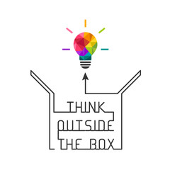 Wall Mural - think outside the box concept with saying and colorful light bulb emerging out of the box. creative 
