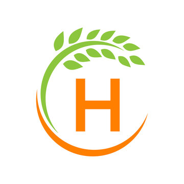 Agriculture Logo On H Letter Concept. Agriculture And Farming Pasture, Milk, Barn logo design. Farm Badge, Agribusiness, Eco-farm Design With H Letter Template