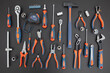 © Rawf8 - Work tool on blue background. Hand tool new set for repair and construction, overhead