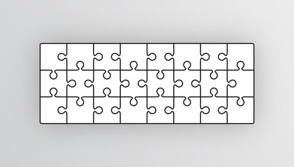 Puzzle pieces set. Jigsaw outline grid. Scheme of thinking game. Modern background with separate shapes. Mosaic silhouette with 24 details. Simple frame tiles. Cutting template. Vector illustration.