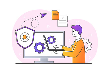 Deleting virus concept. Man writes code at laptop. Character doing work. Freelancer and remote worker. Personal data protection, hackers, danger on internet. Cartoon flat vector illustration