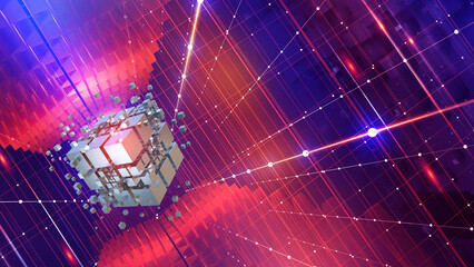 Aufkleber - Cyberspace of digital technologies. Hypercube and blockchain concept. Spatial portal of encoded data. 3D illustration of a cubic array in a nano tech cyber tunnel