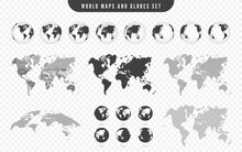 World Map And Transparent Globes Of Earth. Set Of Maps With Countries And Transparent Globes. World Map Template With Continents, North And South America, Europe And Asia, Africa And Australia. Vector