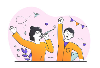 Happy couples concept. Man and girl celebrate success, birthday or wedding anniversary. Cheerful people at party. Joyful family, poster or banner for website. Cartoon flat vector illustration