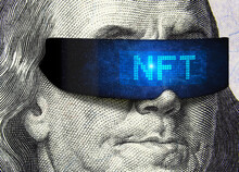 NFT Token And Money, Franklin On 100 Dollar Bill With Cyber Glasses For Crypto Art