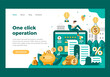 Landing page template. Online transactions, fast transfers and payments. Illustration with man, coins, application on the background of the city