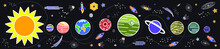 Solar System, Outer Space, Galaxy, Space. The Planets Are In A Row. Rockets, Satellites And Telescope. Stylized Banner.