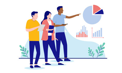 Aufkleber - Charts and data discussion - Working people analysing pie chart and graphs, flat design vector illustration with white background