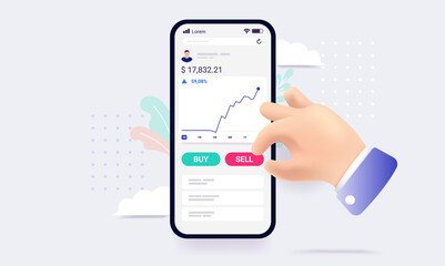 Leinwandbilder - Stock trading app - Smartphone with stock market application and hand interacting with profitable portfolio. Vector illustration