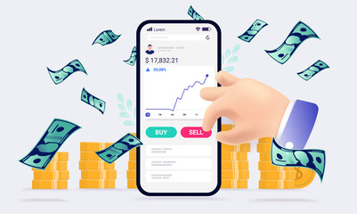 Leinwandbilder - Stock trading app - Vector illustration of person making money trading stocks online