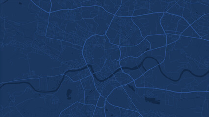 Wall Mural - Dark blue Kraków city area vector background map, roads and water illustration. Widescreen proportion, digital flat design.