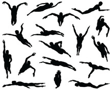 Black Silhouettes Of Swimmers On A White Background