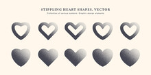 Stippling Heart Shape Vector Set. Collection Of Various Dotted Hearts Icons Isolated On Light Background. Valentine's Day Assorted Different Modern Graphic Hearts Love Symbol Design Elements