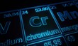 Focus on chemical element Chromium illuminated in periodic table of elements. 3D rendering