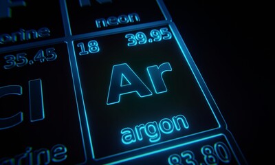 Wall Mural - Focus on chemical element Argon illuminated in periodic table of elements. 3D rendering