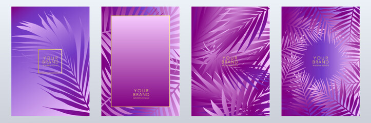 Wall Mural - Tropical cover, frame design set with abstract palm leaf pattern. Holiday velvet violet vector background with gold frame for brochure, catalog template, exotic restaurant menu, wedding invitation.