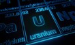 Focus on chemical element Uranium illuminated in periodic table of elements. 3D rendering