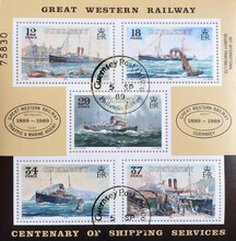Cancelled Postage Block Of Stamps Printed By Guernsey, That Shows Ships, Centenary Of Great Western Service To Channel Islands, Circa 1989.