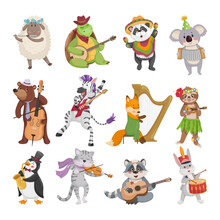 Collection Of Cartoon Animals Playing Musical Instruments.