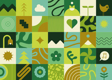 Green Seamless Pattern In Geometric. Repetitive Vector Background For Ecological Festival Or Association.