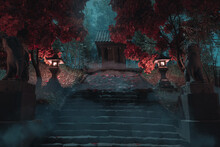 3d Rendering Of A Japanese Shrine At Night With Red Maple Trees And Fog