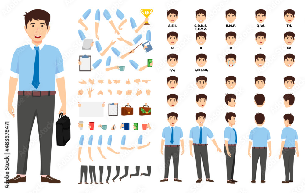 Businessman character set front, side, back view animated character ...