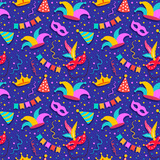 Fototapeta Dinusie - Happy Purim Jewish festival endless background. vector seamless pattern set with carnival elements