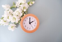 Spring Forward Concept Background. Spring Flowers And A Clock On Pale Green Background. Spring Time, Spring Forward Banner, Background. Wallpaper Design Elements.