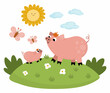 Vector pig with baby on a lawn under the sun. Cute cartoon family scene illustration for kids. Farm animals on natural background. Colorful flat mother and baby picture for children.