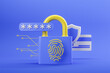 Blue padlock with yellow fingerprint, shield, credit card, secure transaction in Internet. Password interface to log in. Cyber security, data protection, authorization and authentication. 3D rendering