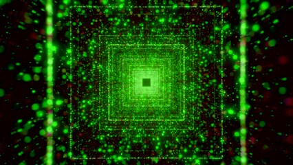 Abstract background with flying into digital tunnel of flickering particles, seamless loop. Motion. Bright moving square shaped silhouettes.