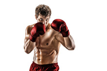 Half Length Of Muscular Boxer In Red Gloves Who Stands On White Background. Sport Concept 
