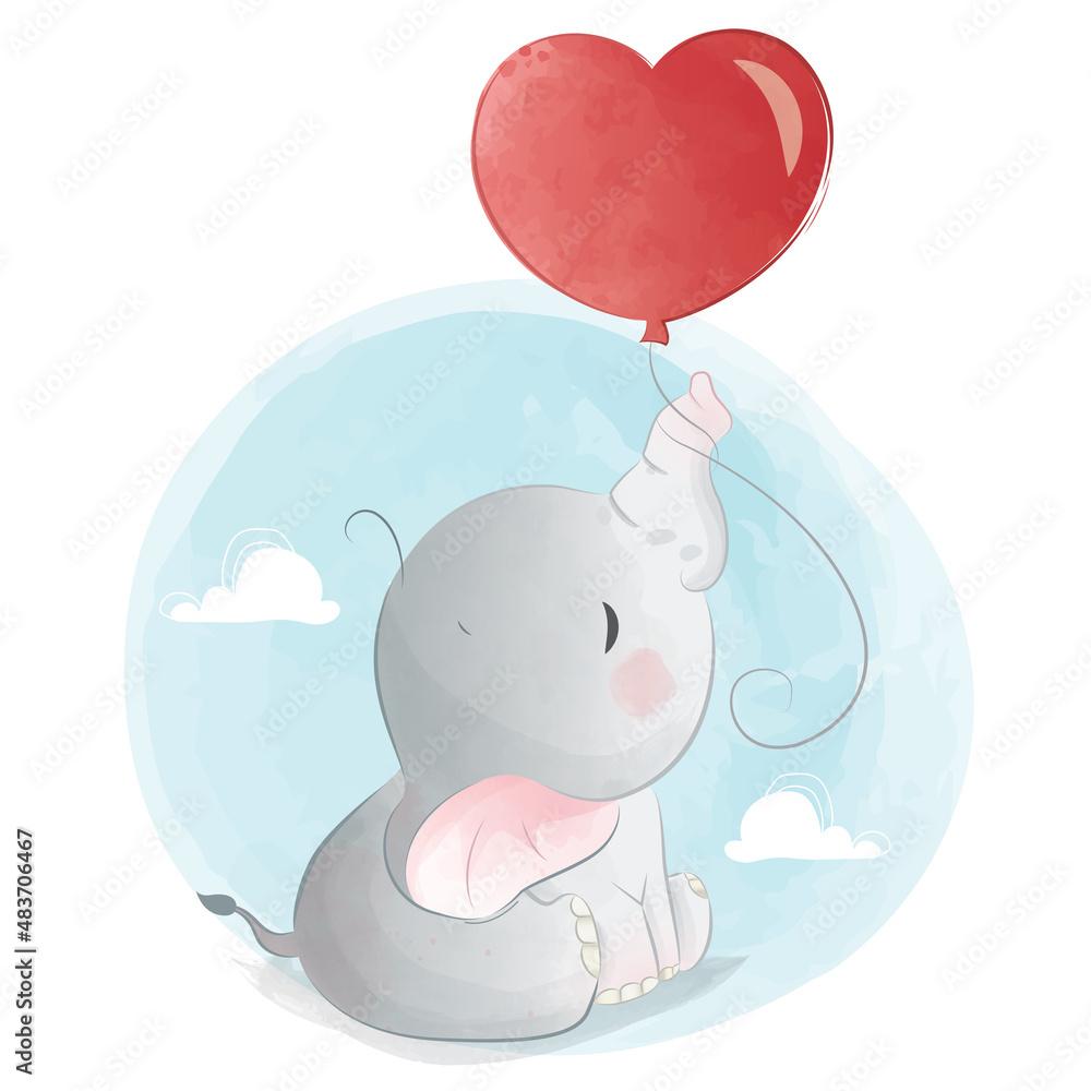 Baby Elephant Holding a Love Balloon Stock Vector | Adobe Stock