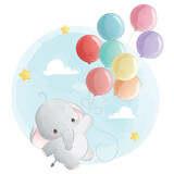 Fototapeta Dinusie - Baby Elephant Flying with Balloons