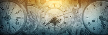 The Dials Of The Old Antique Clocks On Ancient Wide Paper Background. Concept Of Time, History, Science, Memory, Information. Vintage Clockwork Background.