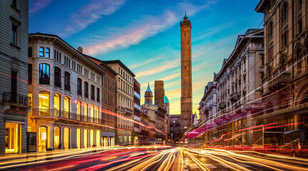 Wall Mural - Two famous falling Bologna towers Asinelli and Garisenda. Evening view. Bologna, Emilia-Romagna, Italy. Long exposure, time lapse.