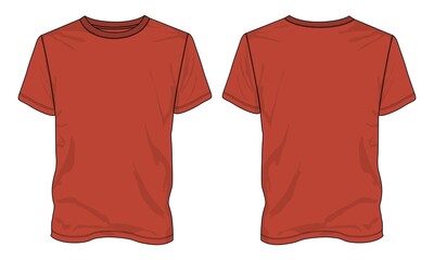 Regular fit Short sleeve T-shirt technical Sketch fashion Flat Template With Round neckline. Vector illustration basic apparel design red color mock up front and Back view isolated on white background