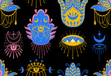 Mystic Seamless Pattern Hamsa And Evil Eye Symbol.Esoteric Magic Occult Amulet.Abstract Hand Drawn Style.