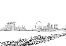 Singapore. Marina Bay Sands. Unusual Perspective Hand Drawn Sketch. City Vector Illustration