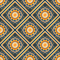 Wall Mural - Yellow Orange Gold Flower on Indigo Blue. Geometric ethnic oriental pattern traditional Design for background,carpet,wallpaper,clothing,wrapping,Batik,fabric, illustration embroidery style