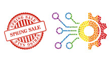 Gear Circuit Composition Icon Of Circle Elements In Different Sizes And Rainbow Color Tints. Red Rounded Scratched Seal With Spring Sale Title. A Dotted LGBT- Colored Gear Circuit For Lesbians,