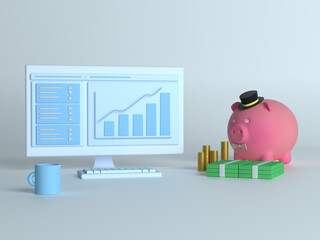 Sticker - A 3d illustration of a desktop computer with a piggy bank and money on isolated background