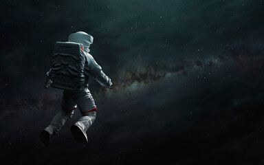 Wall Mural - Astronaut at spacewalk looks at Milky Way. Elements of image provided by Nasa