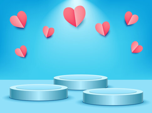 Three realistic 3d vector podiums, pedestals, stage, retail displays on blue bright trend background. Pink paper cut hearts. Sale banner. Valentine's day card. Promotion, promo horizontal store poster