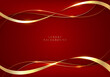 Elegant 3D abstract golden ribbon and wave lines on red background